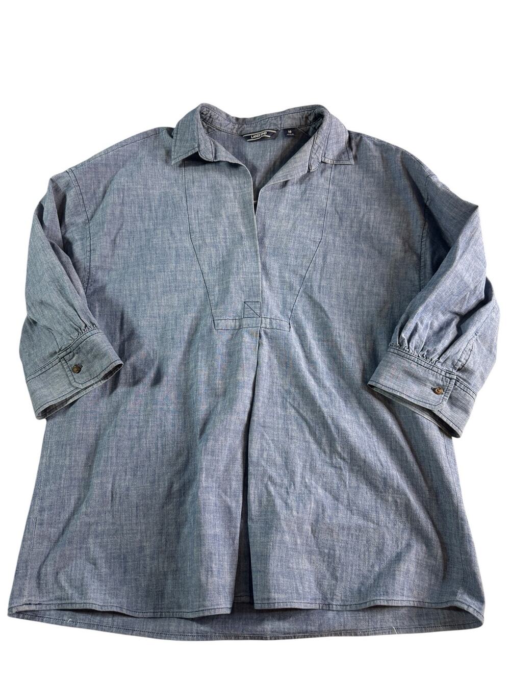 Lands End Womens 16 Blue Chambray Popover Tunic 3/4 Sleeve Cotton Stretch